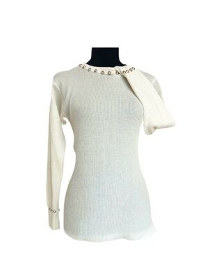 J.E. MORGAN ~ Off White/Cream Thermal Waffle Top with Studded Details size L